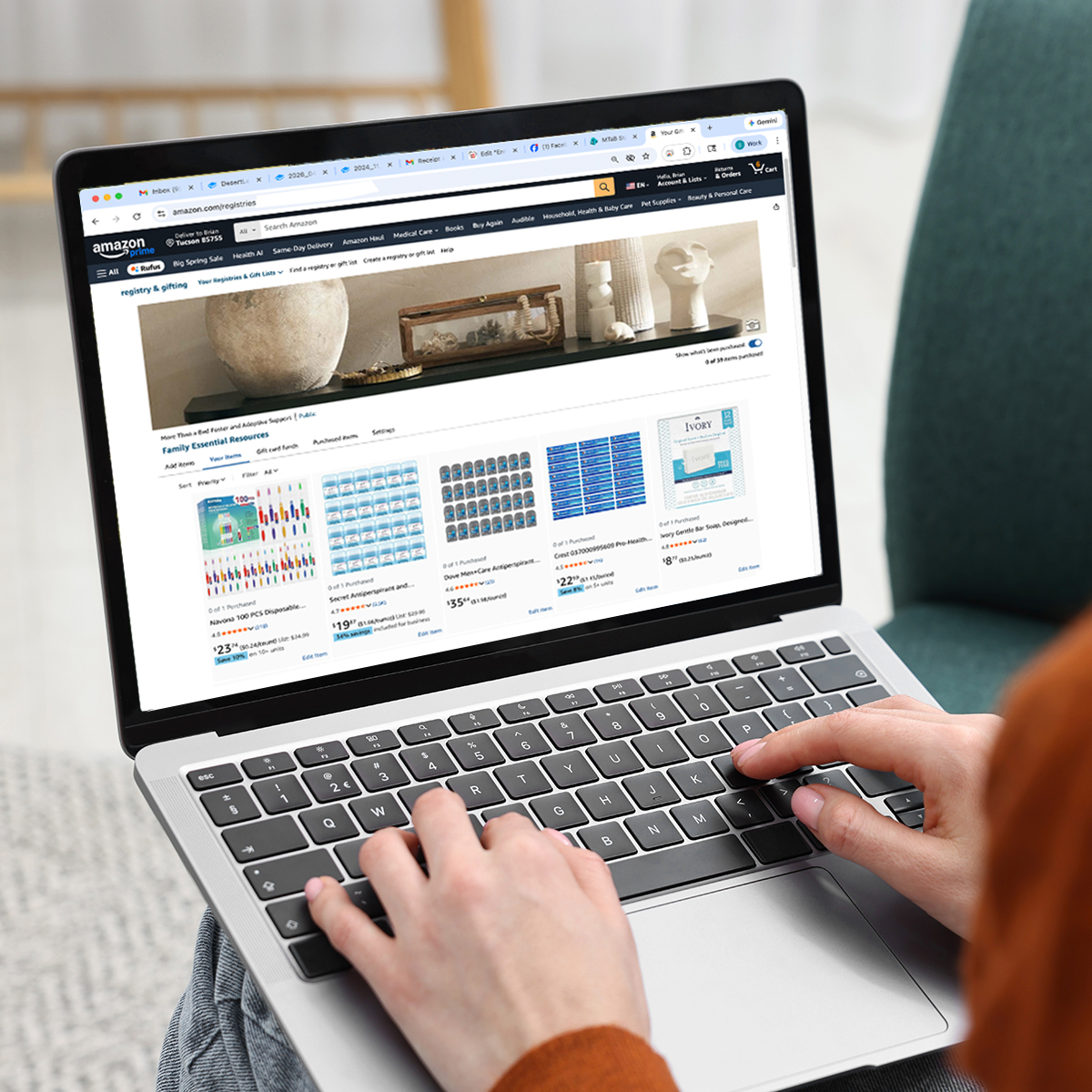 Woman with laptop shopping online at home, closeup